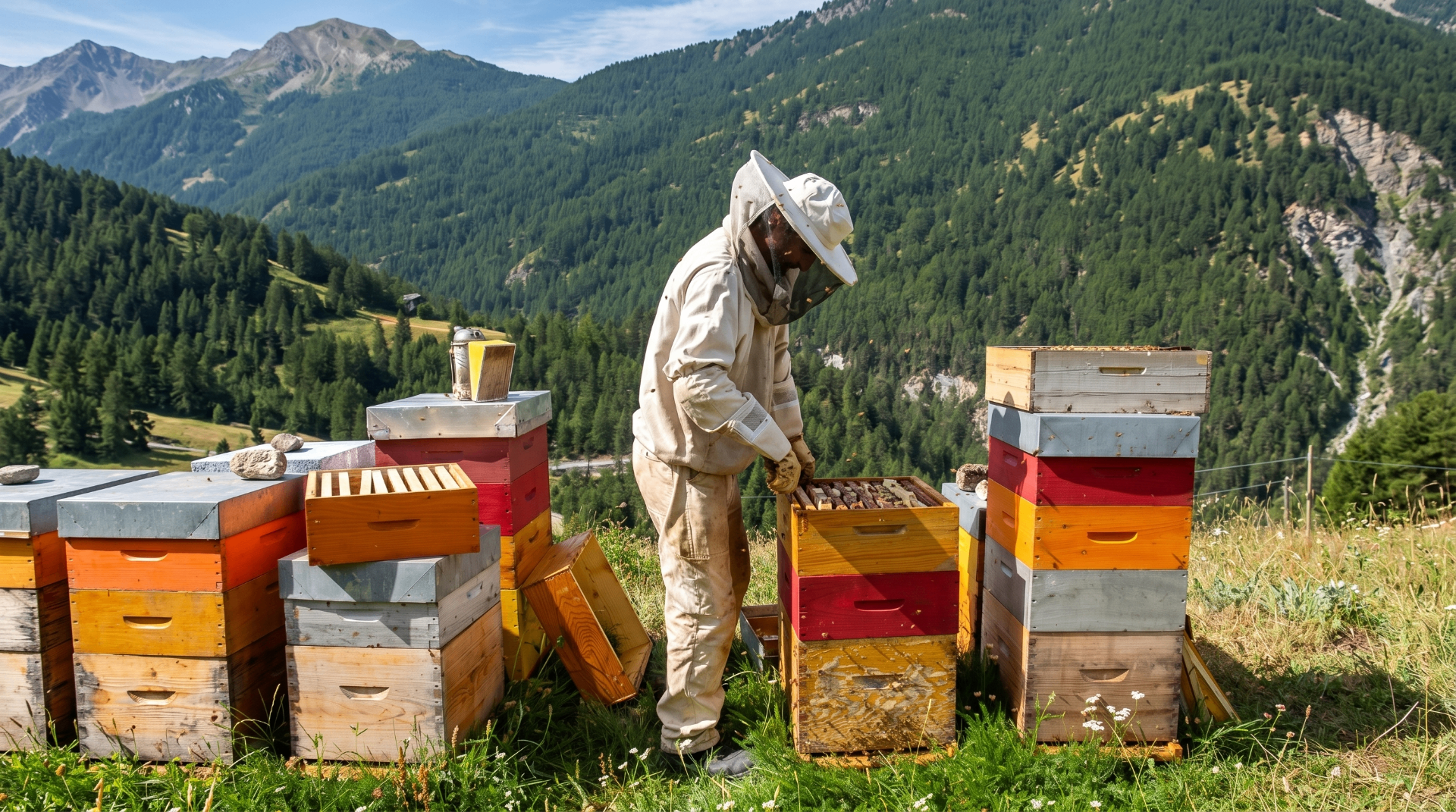 Beekeeper in full suit inspecting a stack of colorful wooden hives on a green alpine slope with forested mountains behind
